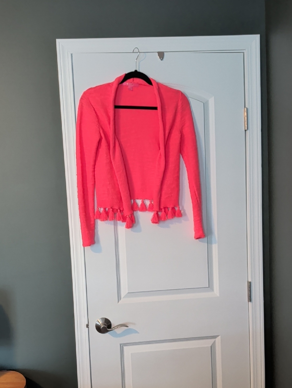 Lilly Pulitzer Coral Pink Tassel Hem Open-Front Cardigan